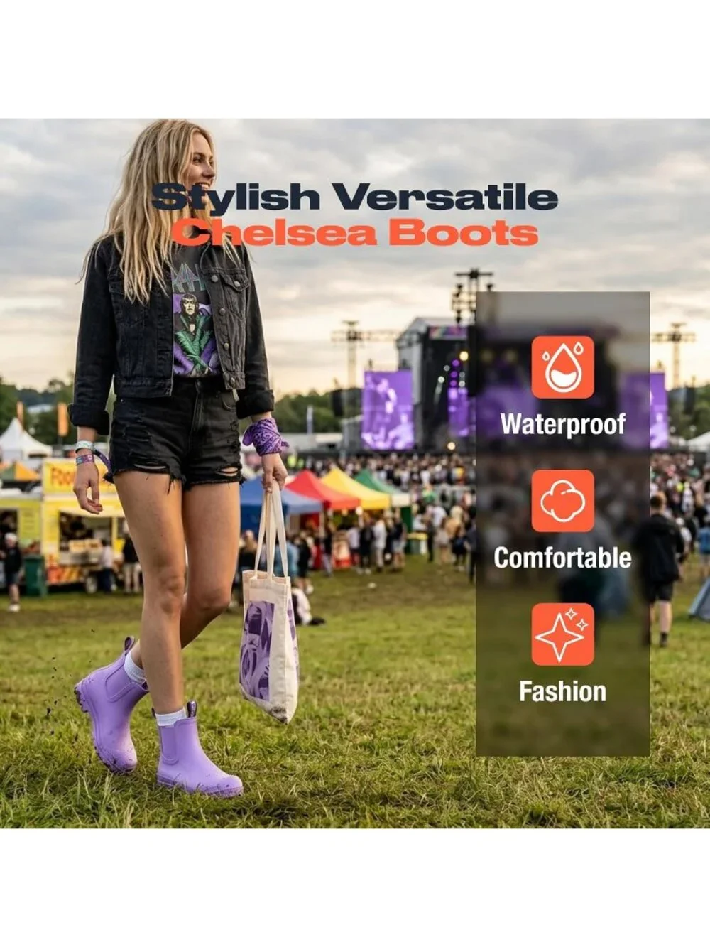 Women's Lavender Violet Ankle Chelsea Fashion Rubber Garden Non-Slip Rain Boots
